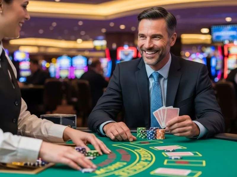 Man happily holding poker cards while playing at Q25 online casino