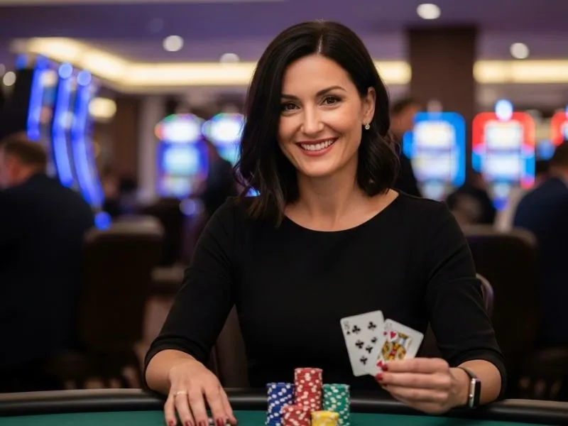 Woman celebrating a big win while playing poker at Q25 online casino.