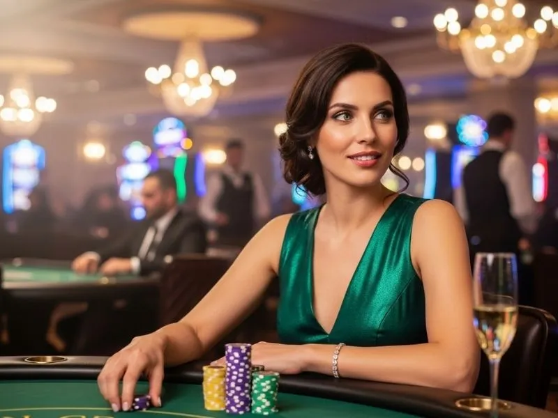 Woman happily placing a bet on a blackjack table at Q25 online casino.