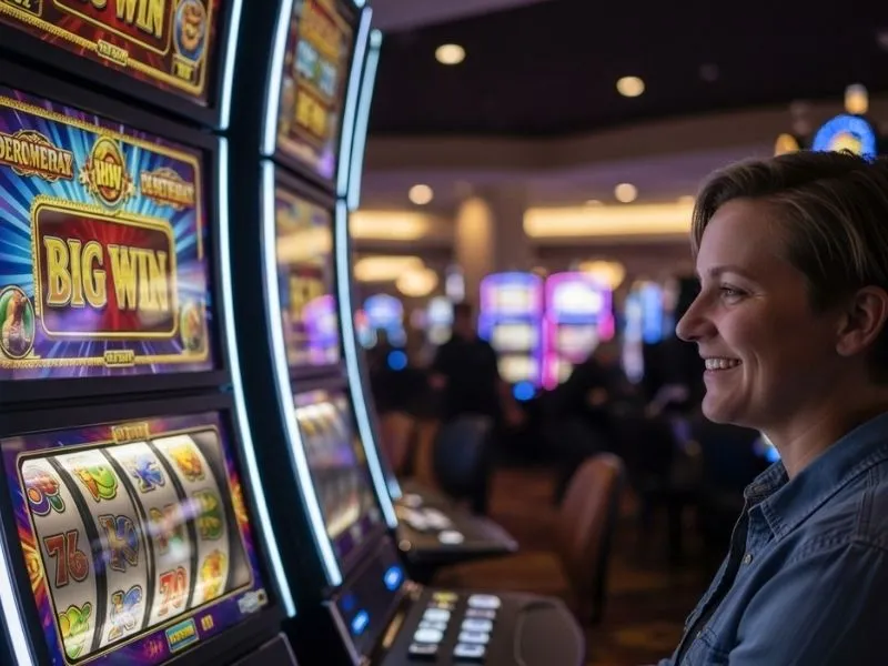 Happy casino player smiling after winning a jackpot on a slot machine at S5 Online Casino.