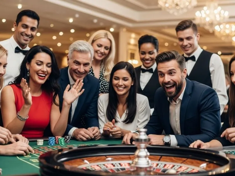 Friends enjoying the excitement of roulette at S5 Online Casino, celebrating wins while watching the wheel spin.