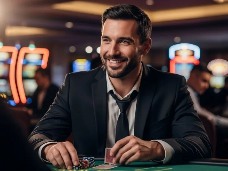 Man playing casino cards at an s5 online casino table.