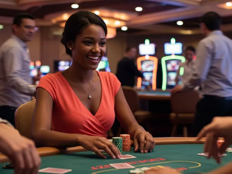 A happy woman enjoying poker with friends after accessing her s888 live login account number.