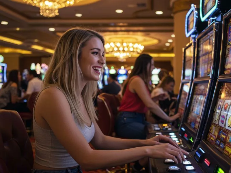 Babaeng masayang naglalaro ng slot machine sa casino — perpektong halimbawa ng slot Tagalog gaming experience.
