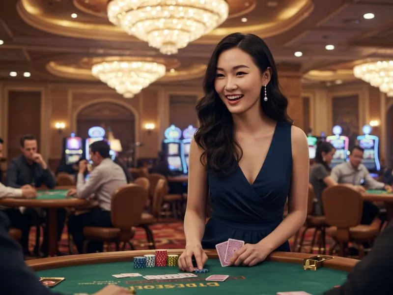 Smiling Filipino woman holding casino cards, representing a fun slot Tagalog gaming experience.