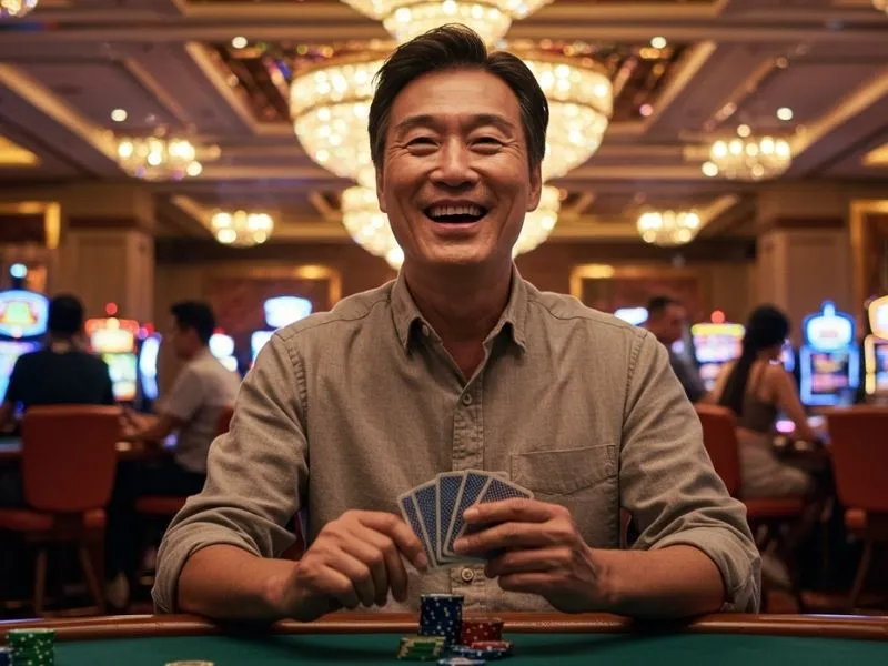 Man smiling and holding a winning poker hand while using slotph login