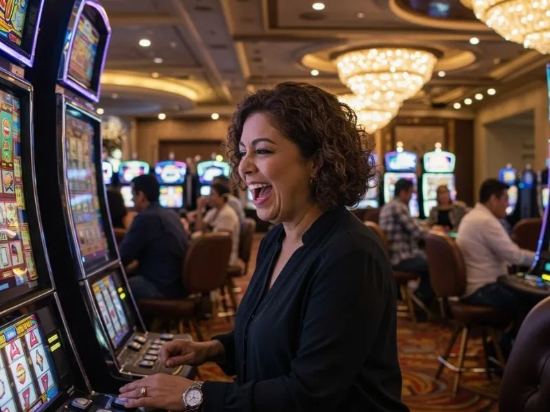 Woman happily pressing a button on a slot machine after a win, demonstrating excitement while using slotph login.