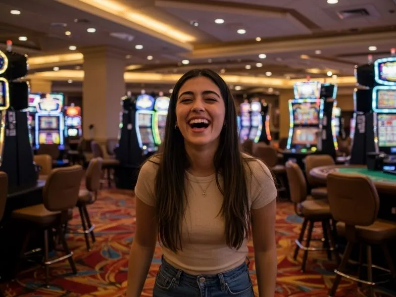 Young lady smiling while playing casino games after successful SlotPH login.