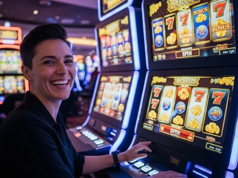 Happy casino player celebrating a jackpot win at Solaire Online Casino slot machine.