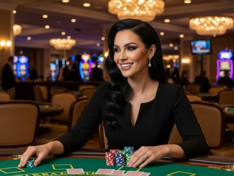 A happy woman celebrates her baccarat win while playing at Solaire Online Casino.