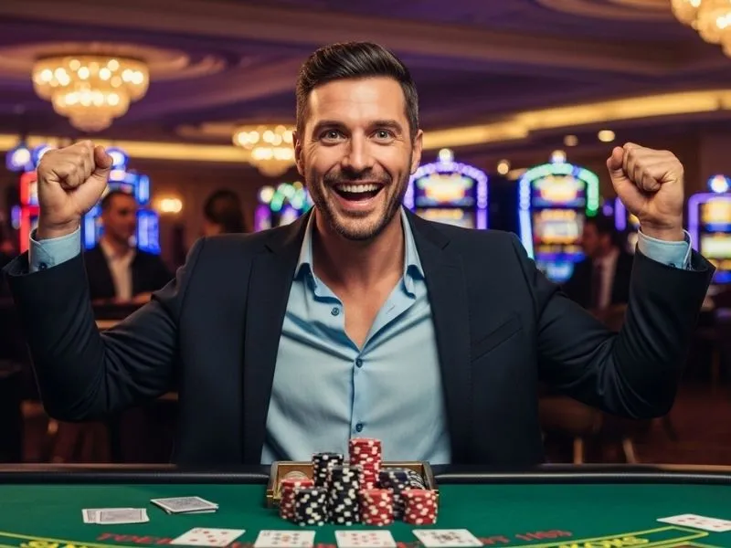 Man celebrating poker win at a table inside Solaire Online Casino