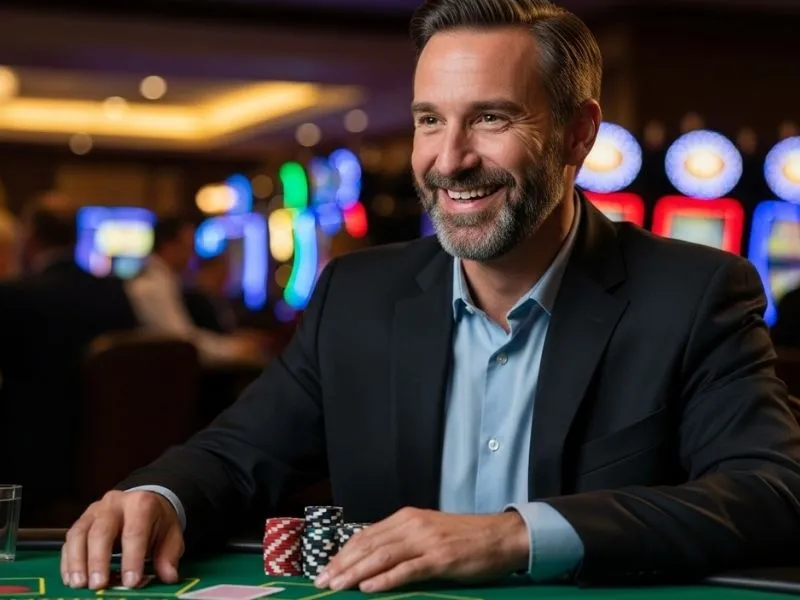 Man smiling with stacks of casino chips at Solaire Online Casino