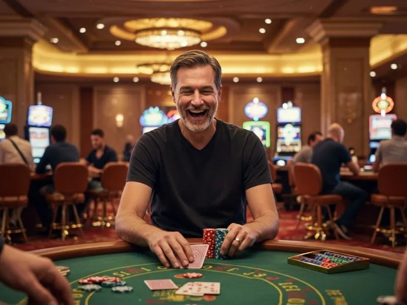 Man smiling and enjoying a poker game at a casino playing spin pba