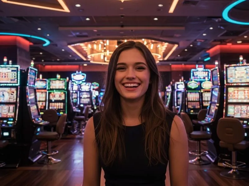 Young lady enjoying casino games while playing spin PBA, smiling and having fun.