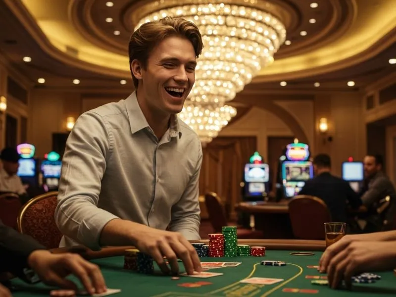 Young man smiling while playing poker cards, enjoying a game on Spin PBA online casino.