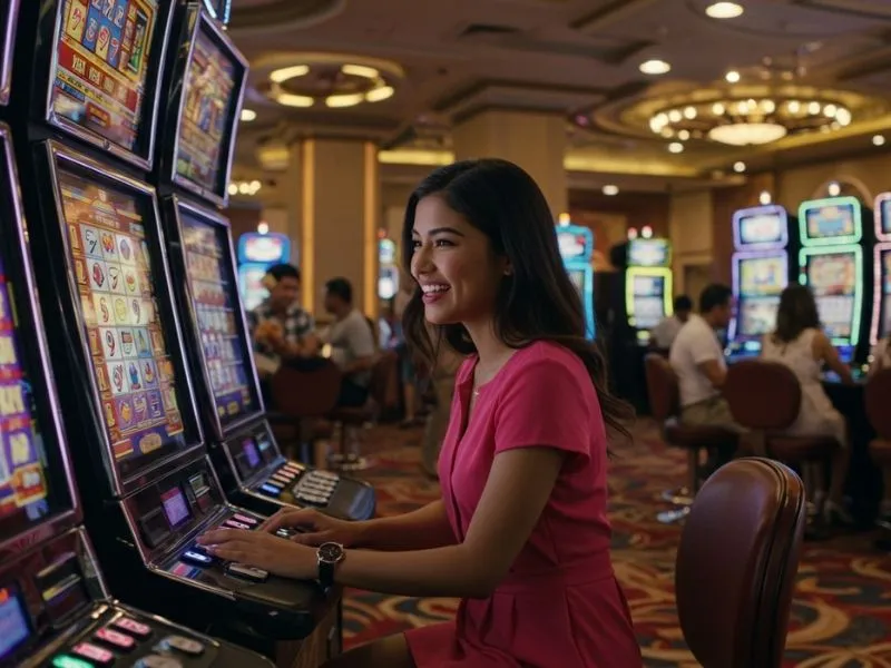 Young woman pressing a slot machine button happily while playing Spin PBA casino game.