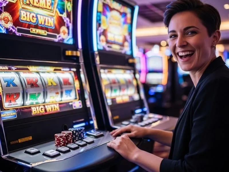 Happy casino player celebrating a slot machine jackpot while playing one of the top online games in the Philippines.