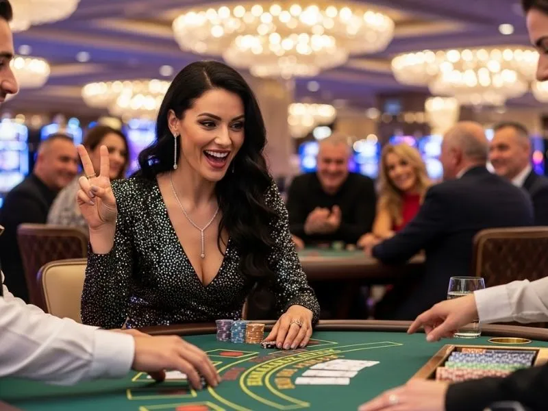 Lady laughing while playing baccarat in a casino, enjoying one of the top online games in Philippines.