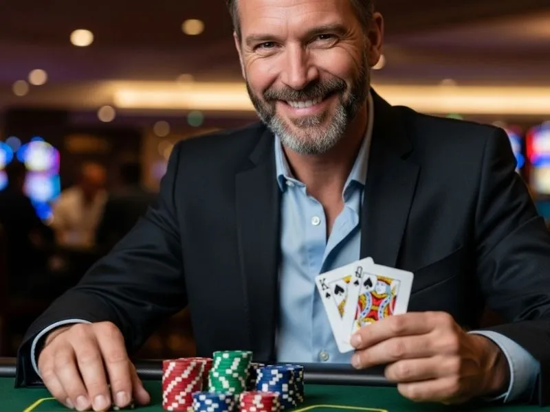 Man smiling while enjoying his poker hand, representing the excitement of the top online games in the Philippines.