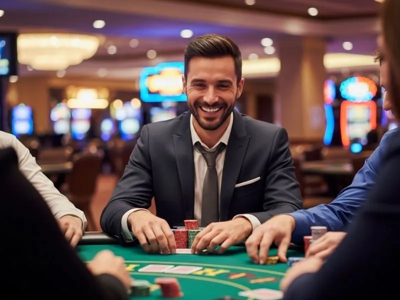 Man smiling while playing baccarat in a casino, representing the excitement of the top online games in the Philippines.