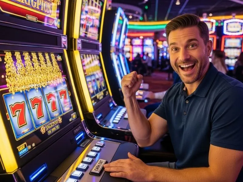 Happy man enjoying slot machines at a casino while playing 777 Bingo