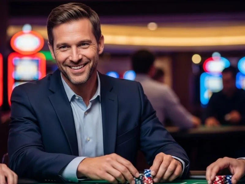 Man smiling while playing poker at a casino table for 777 bingo