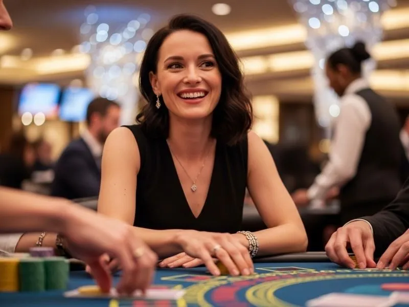 A happy woman cheerfully playing poker games in a vibrant casino, enjoying her 777 Bingo experience.