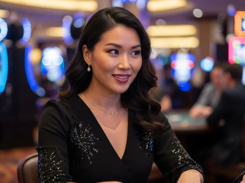 Lady smiling and enjoying casino games at 777 Pub Online Casino