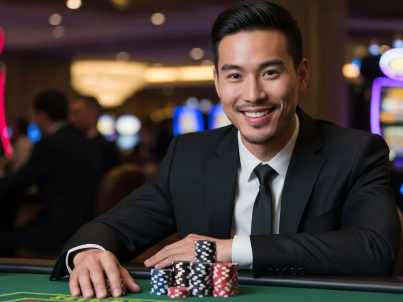 Man happily posing with poker win at 777 pub online casino
