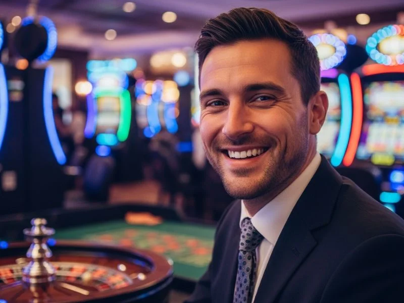 Man smiling while standing near a roulette table at 777 Pub Online Casino, enjoying the thrilling casino experience.
