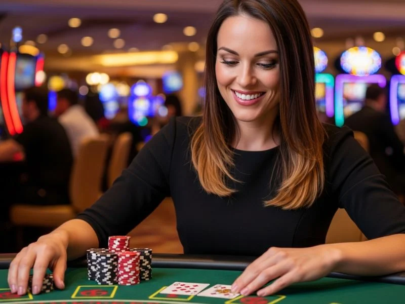 Woman happily smiling after placing a bet at a table in 777 Pub Online Casino