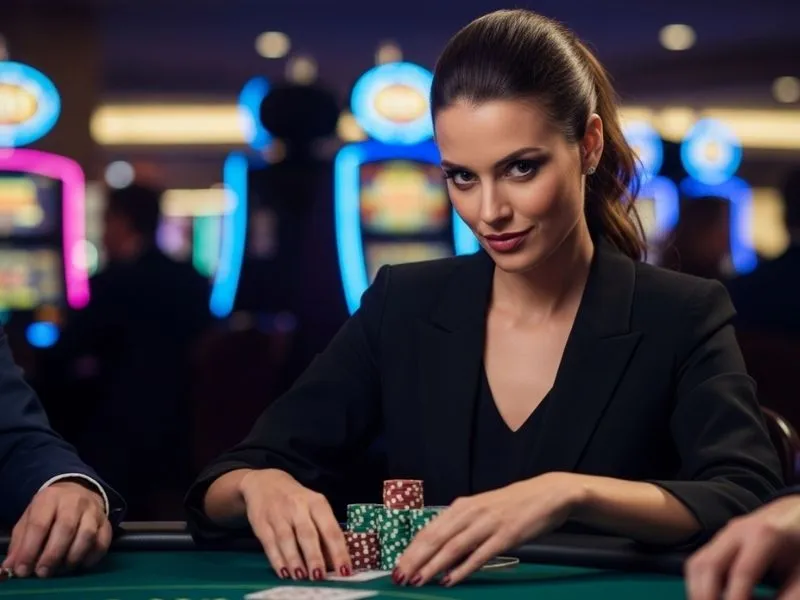 Confident woman enjoying her winnings while playing the Bingo 777 Slot at a vibrant casino