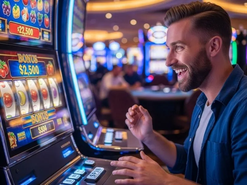Happy man enjoying playing the Bingo 777 slot machines in a casino.