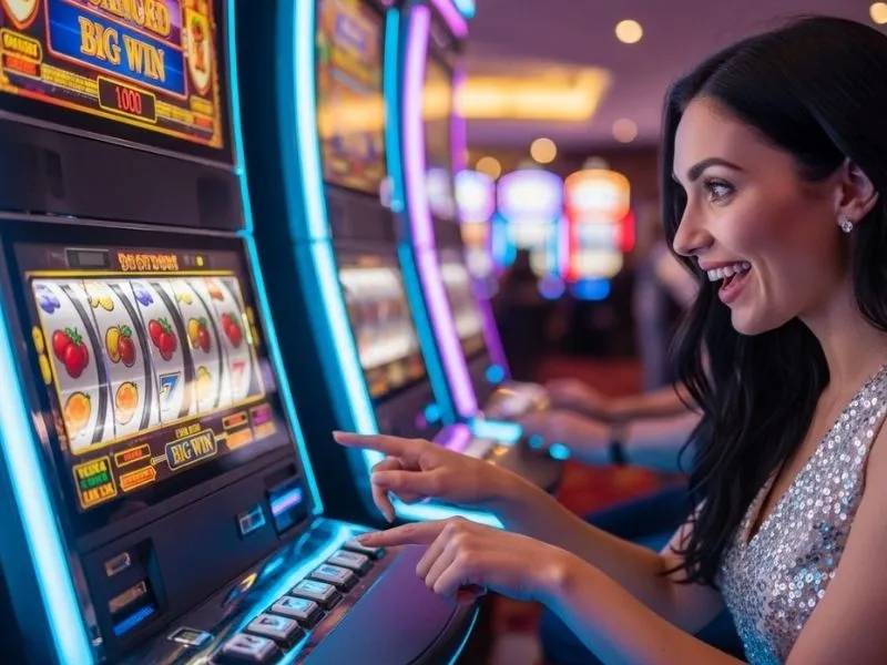 Happy woman playing bingo 777 slot machines and enjoying a big win at the casino