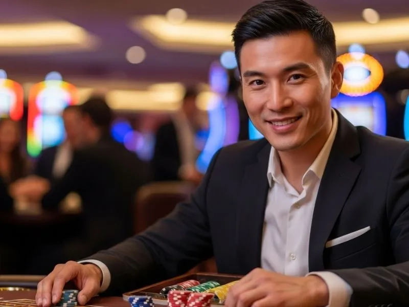 Happy man placing bets on a roulette table at BL777 online casino