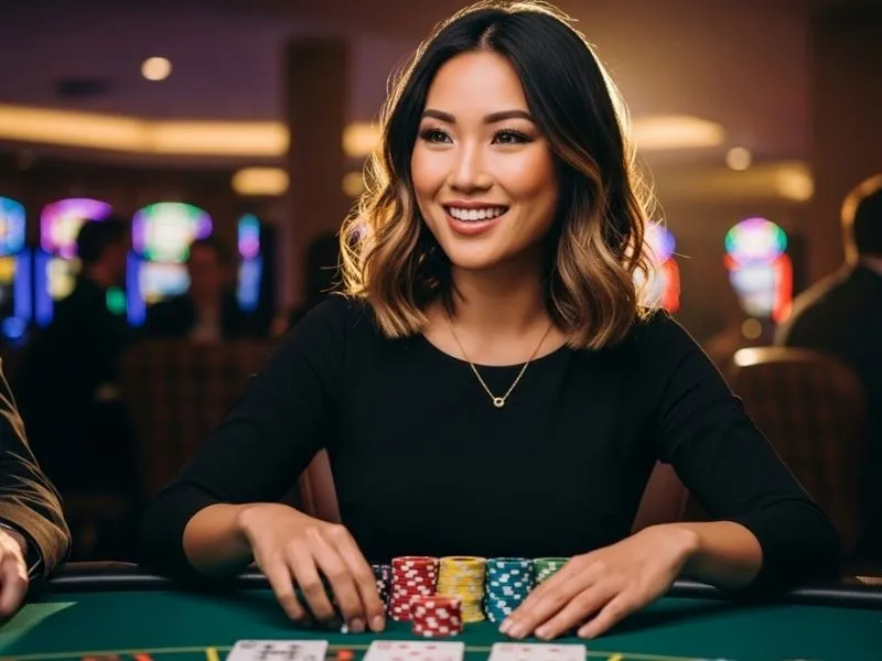 Woman smiling happily while playing poker at BL777 online casino