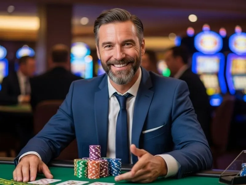 Old man smiling happily while playing poker at BL777 online casino