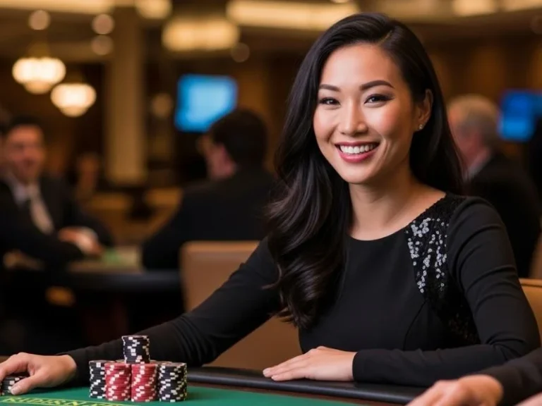 Smiling female player enjoying bonus bingo night at a lively casino table with colorful chips.