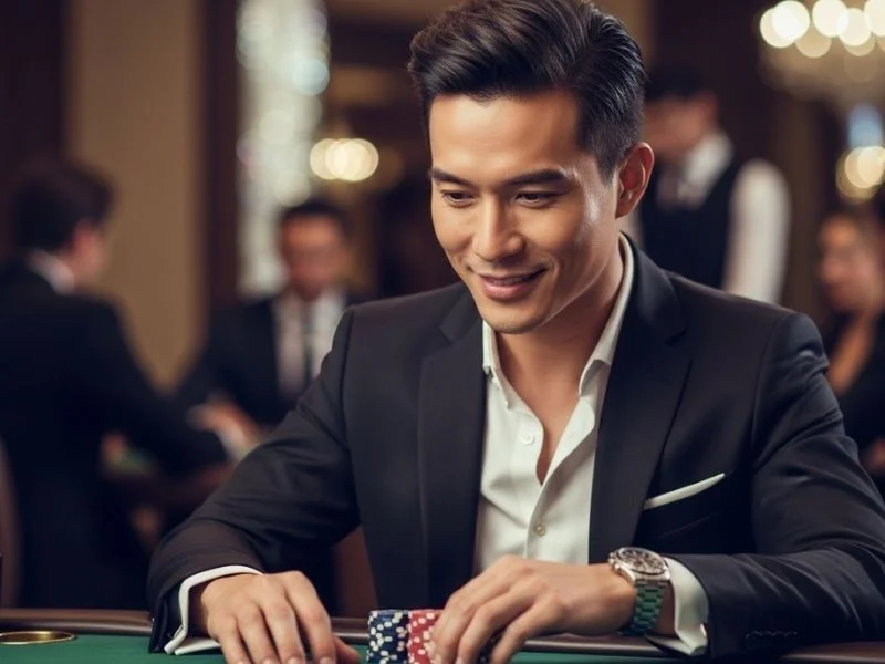 Young man smiling while holding casino chips inside a casino during a bonus bingo game.