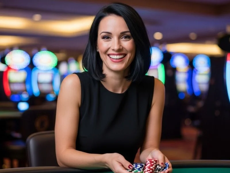 Cheerful woman holding casino chips at a gaming table inside a physical casino — combonanza online casino