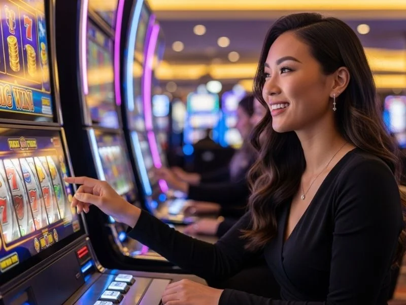 Happy woman playing slot machines in a vibrant physical casino, representing the lively gaming experience associated with combonanza online casino.
