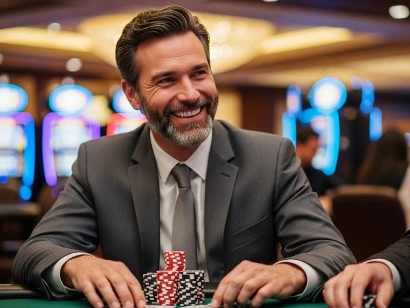 Man happily laughing with casino chips on a gaming table inside a physical casino, representing the excitement of playing at Combonanza Online Casino.