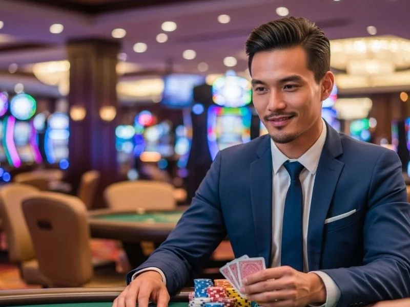 Smiling man enjoying table games in a physical casino, representing the excitement and fun of combonanza online casino.