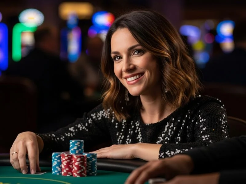 Lady celebrating a big poker win in a casino after successful daily Jili login