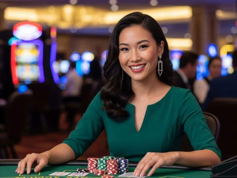 Lady happily posing during casino table games after successful daily Jili login