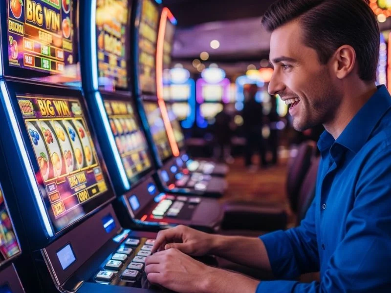 Man happily playing slot machines in a casino after successful Daily Jili login.