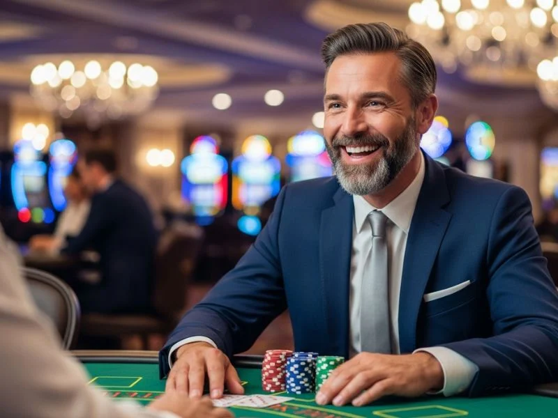 Old man smiling with poker chips on table after successful play — daily jili login