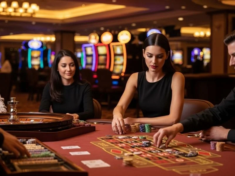 Woman placing a roulette bet at a physical casino table, enjoying her game at Do888 Online Casino.