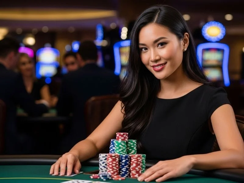 Woman smiling while playing at a casino table with a stack of chips, enjoying her time at DO888 online casino.