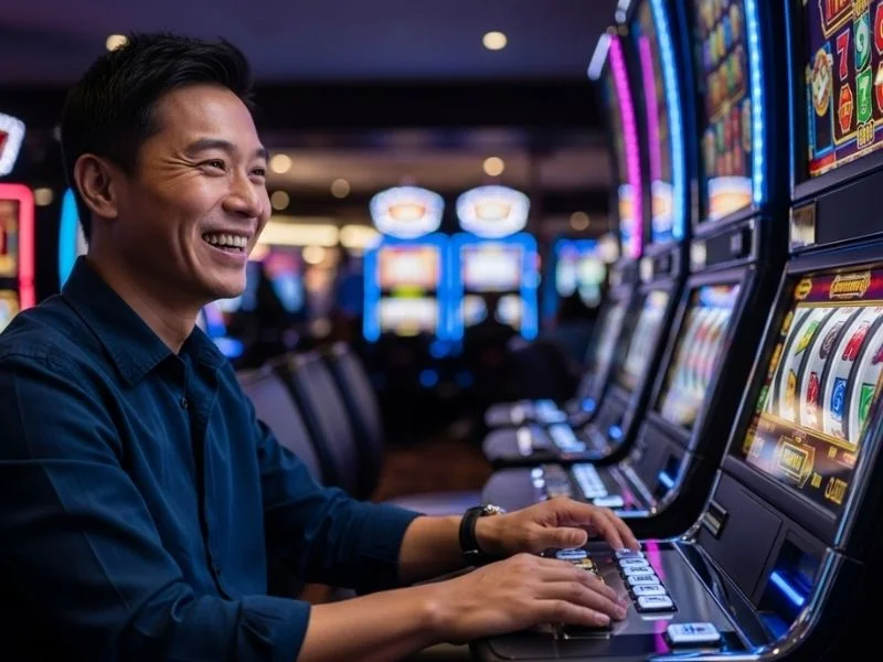 Smiling man enjoying slot machine action at a physical casino, representing the excitement of Do888 Online Casino.